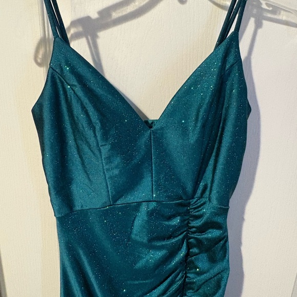 Honey and Rosie Sparkling Green Ruched Midi Dress - Picture 2 of 8